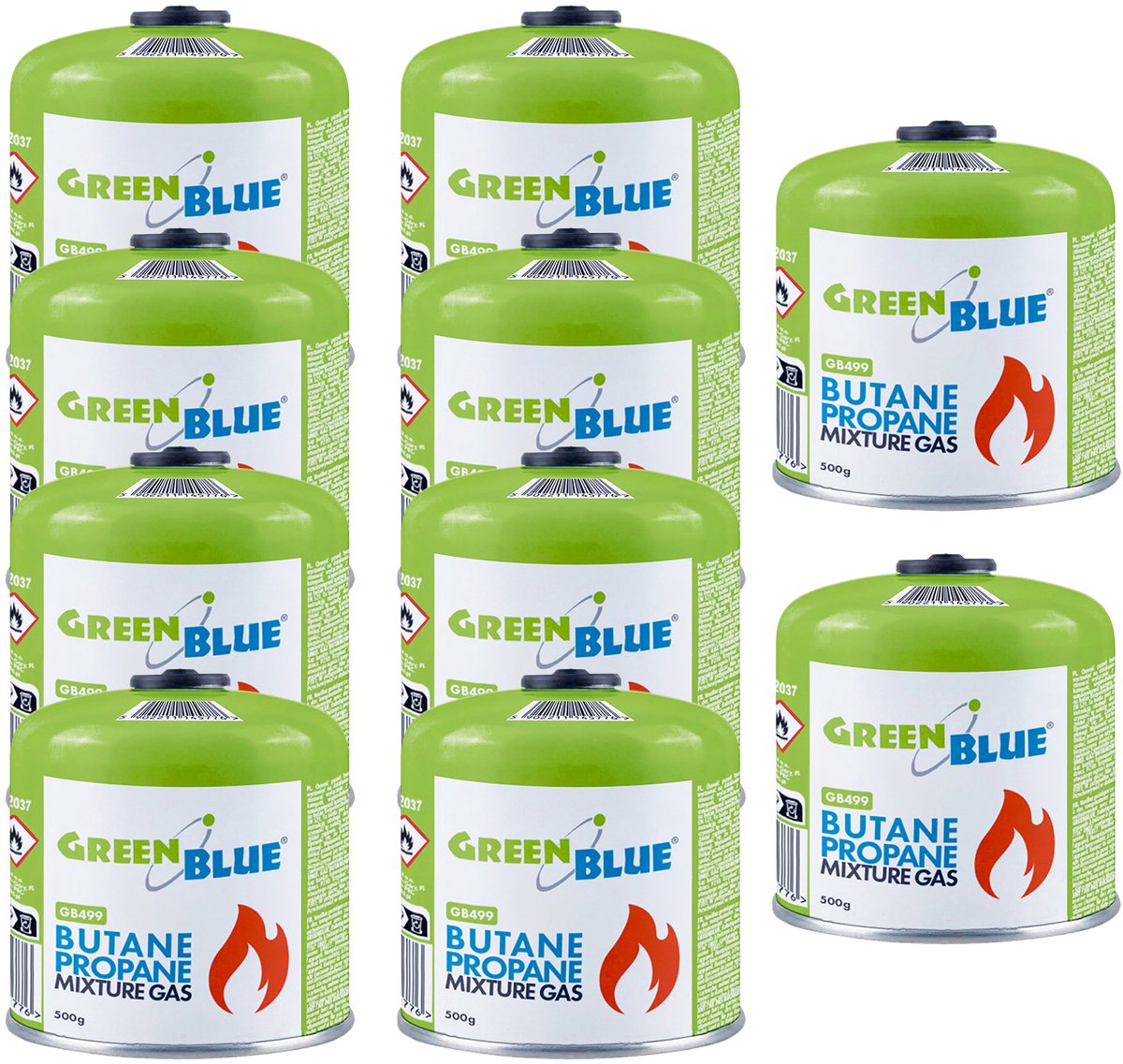GreenBlue - Gasflessen 10 stuks - Gaspatroon van 500 g. Certificaat: Pi 0437, conform EN 417, butaan-propaan, temperatuurbereik -10 °C tot +40 °C, schroefdraadventiel 7/16'' GB499