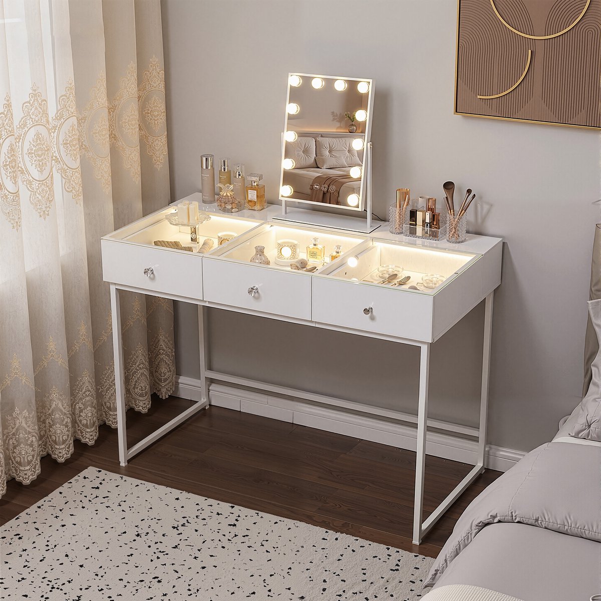 VANITII GLOBAL Kaptafel met LED Spiegel 3 Lades Wit 115 x 55 x 122 cm