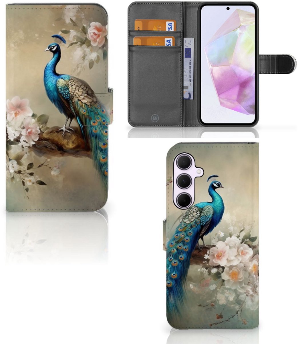 Telefoonhoesje met Pasjes voor Samsung Galaxy A35 Vintage Pauwen