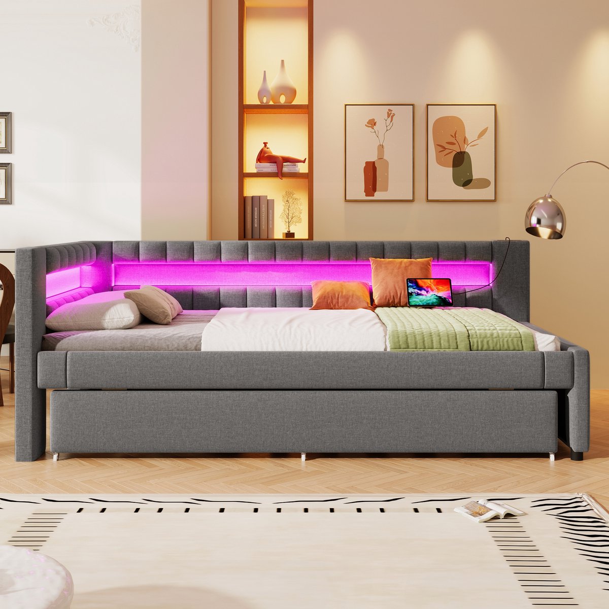 Merax Slaapbank 90x200 cm - met LED-verlichting - met uitschuifbaar bed - met USB en TYPE-C - zonder matras - grijs