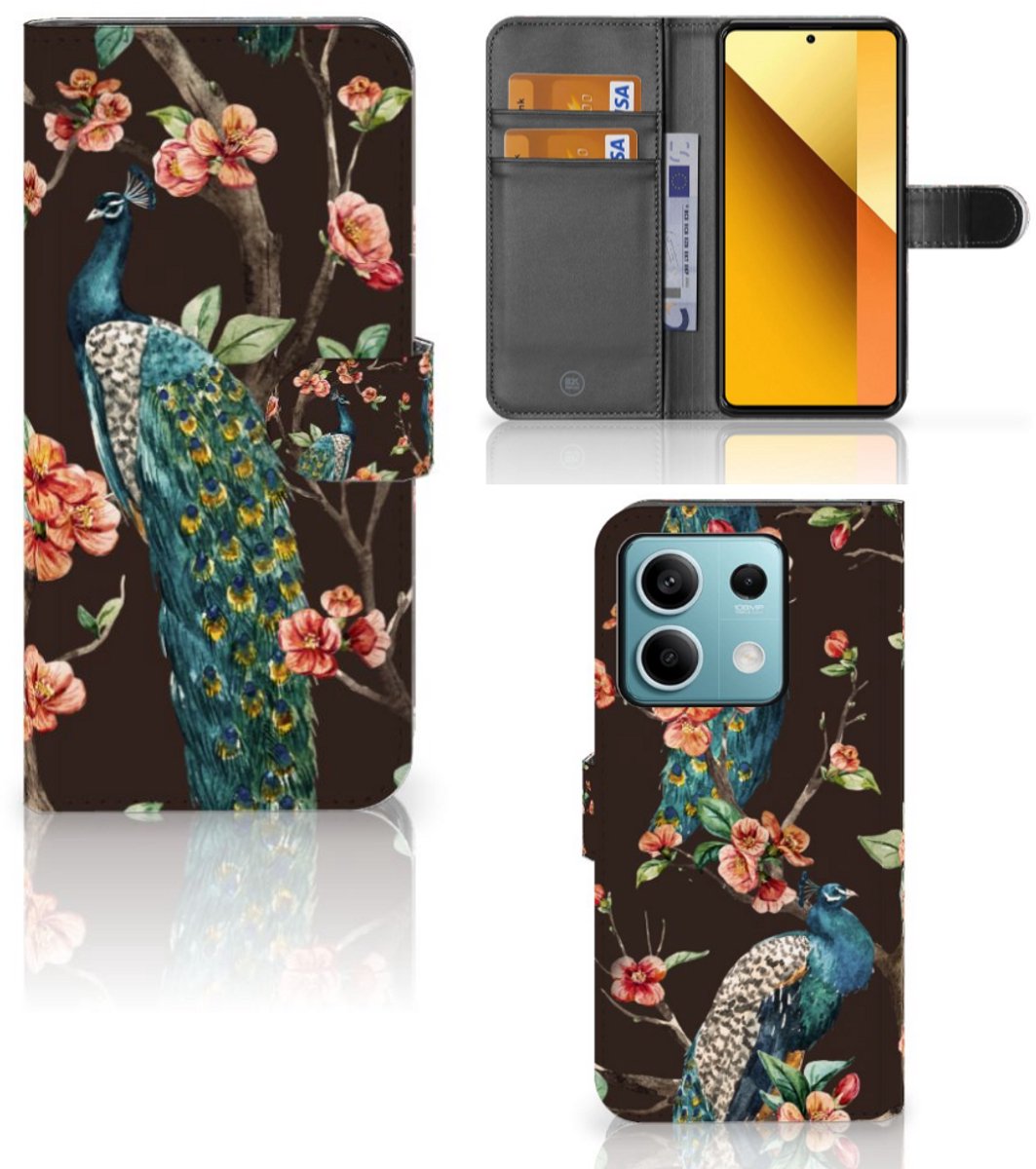 Xiaomi Redmi Note 13 5G Telefoonhoesje met Pasjes Pauw met Bloemen