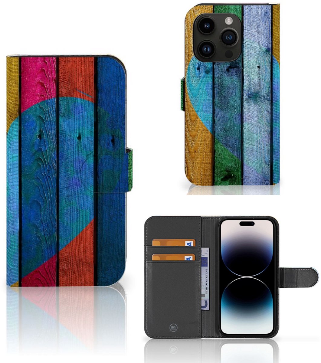 iPhone 15 Pro Book Style Case Wood Heart - Cadeau voor je Vriend