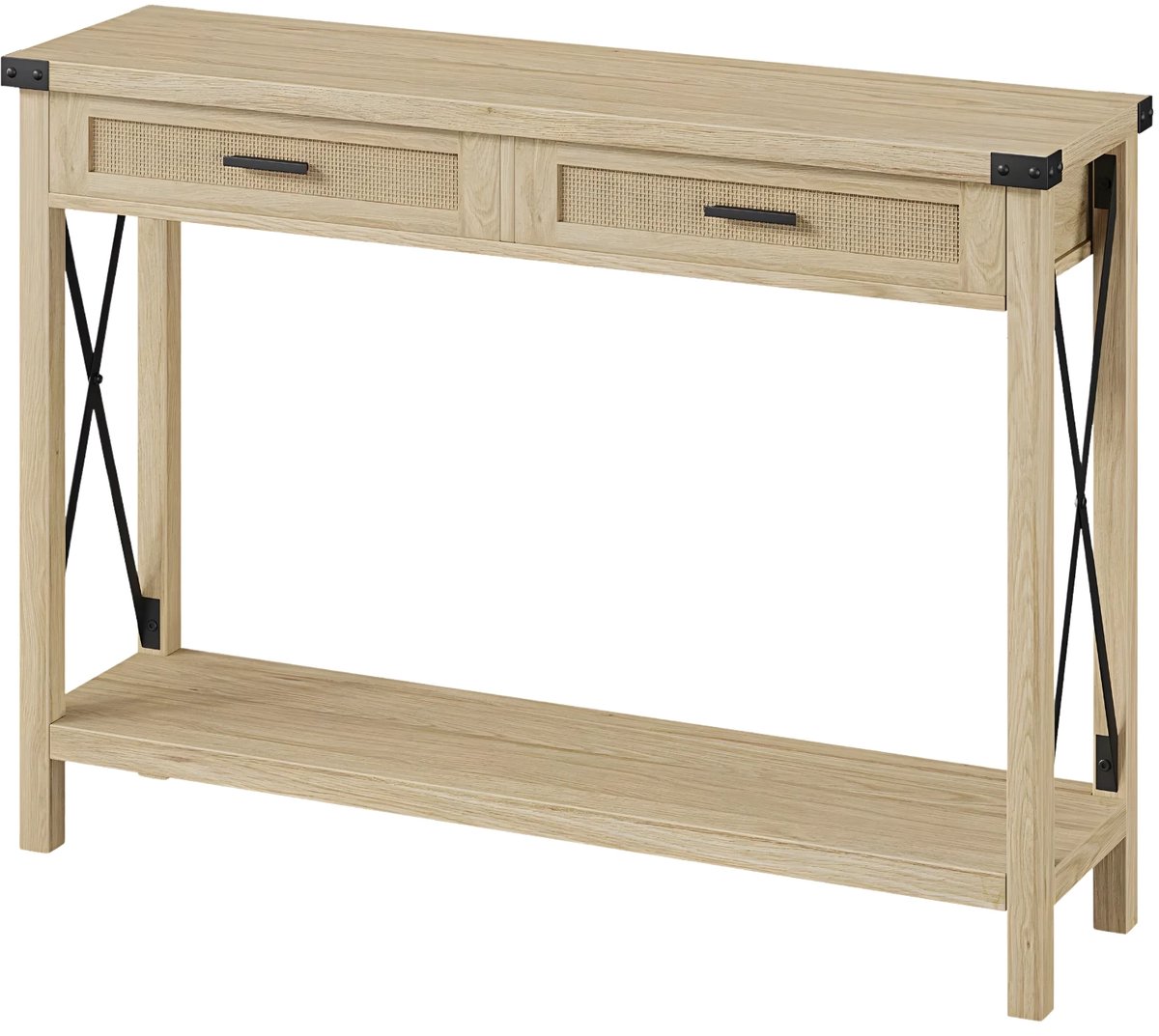 Happiq Smalle Consoletafel 2-Laags - Met Rattan Lades - Farmhouse Stijl - Naturel/Bruin Brown