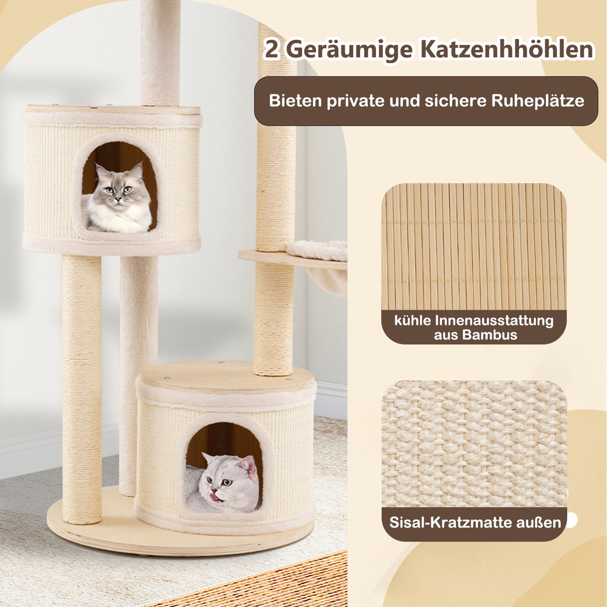 COSTWAY Krabpaal groot, kattenboom met 2 kattenholletjes, mand, sisal-krabpalen, speelbal & platform, kattenkrabpaal katten, kattenmeubel, klimboom, activiteitsboom, hout, natuur, 152 cm hoog – foto 8