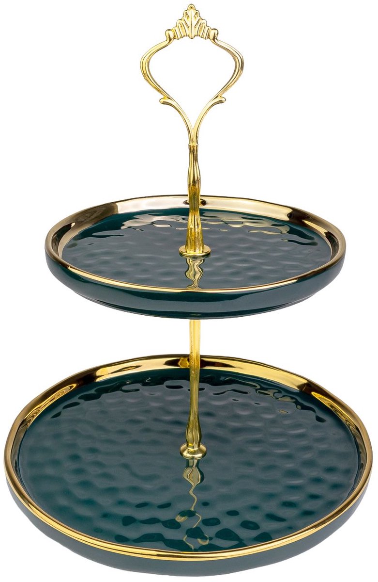 Intirilife Etagère Rond 2 verdiepingen Porselein 24,5 cm x 20 cm -groen/goud- Cupcake taartstandaard - Gebakstandaard - Serveerblad voor dessert, muffins, fruit, kaas