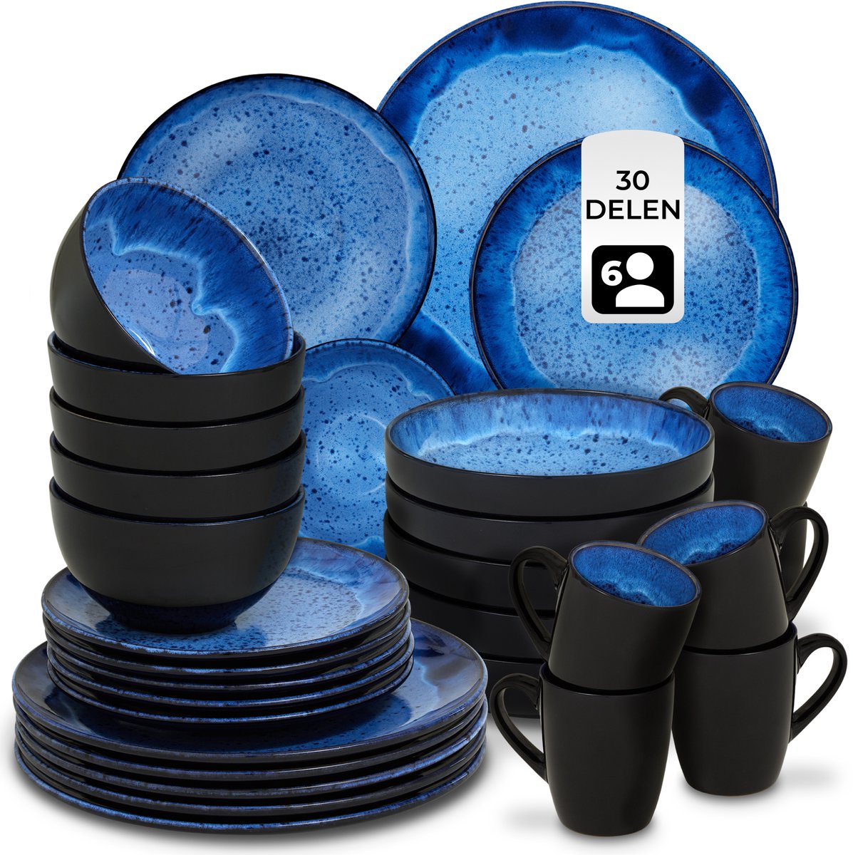 tectake® Serviesset Mare - 30-delig - Aardewerk met Glanzend Glazuur - 6 Persoons - Handgemaakt Servies - Moderne Bordenset met Grote en Kleine Borden, Kommen, Schaaltjes en Kopjes - Vaatwasser- en Magnetronbestendig - Zwart - Blauw