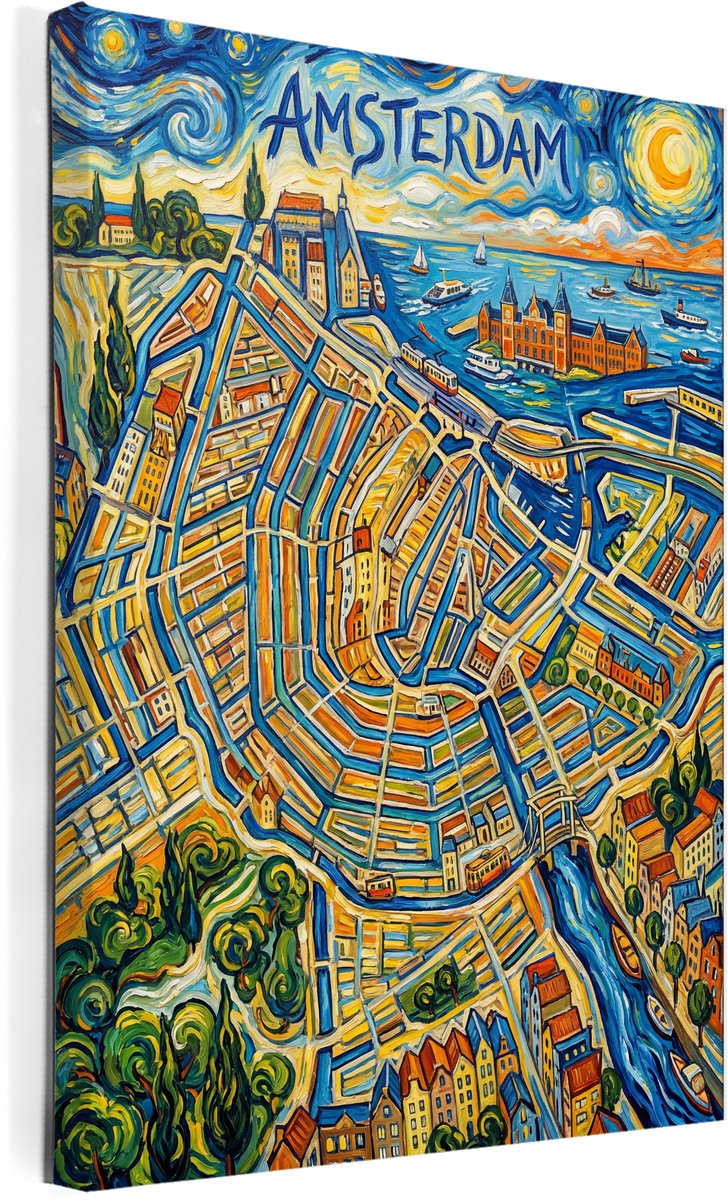 Stadsposter Amsterdam wanddecoratie op canvas afmeting 75x100cm - stadskaart - wanddecoratie - plattegrond - schilderij stad - steden posters