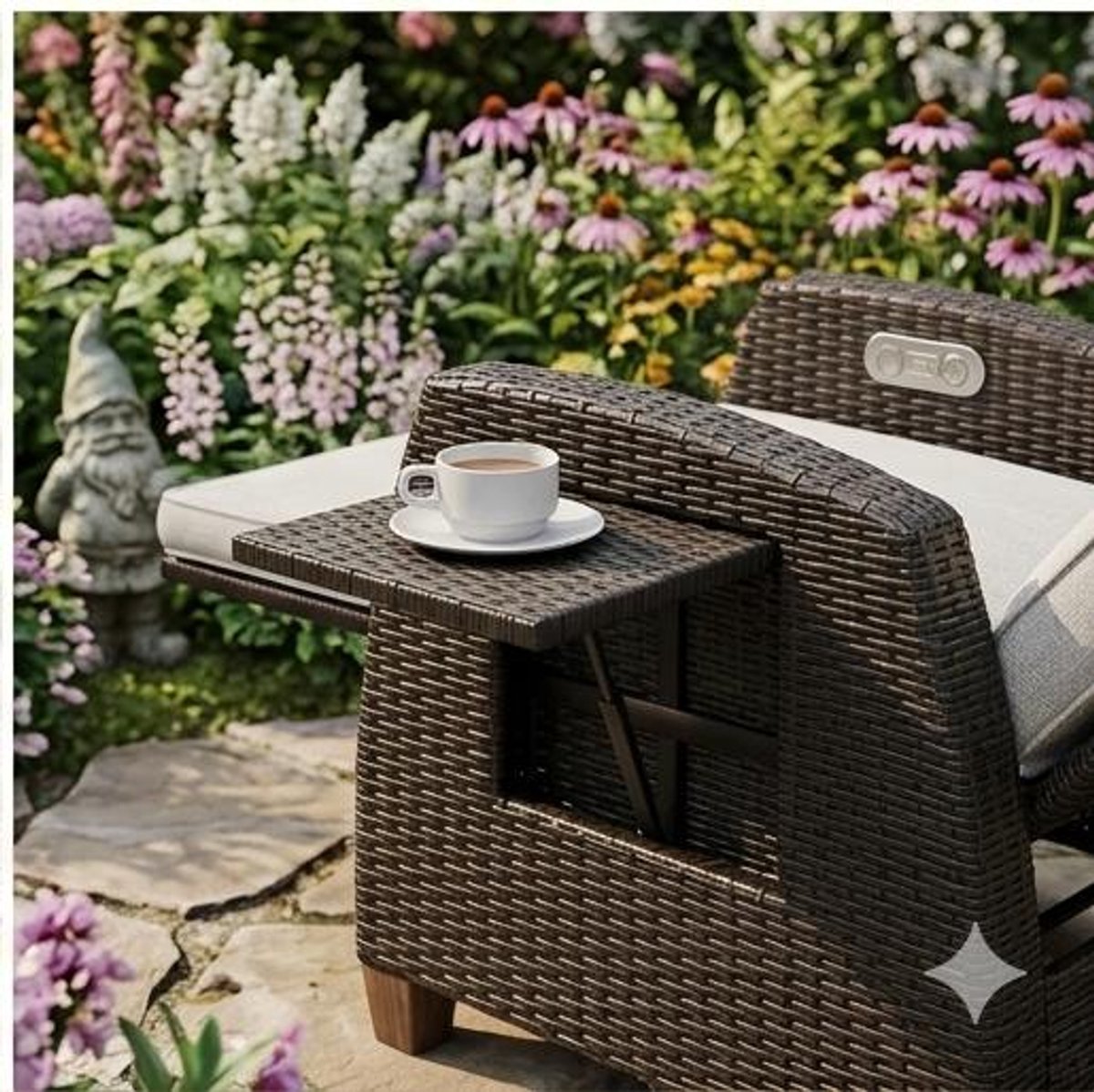 Ligstoel Rotan – Verstelbare Relaxligstoel met Zitkussen, Luxe Tuinligstoel voor Binnen & Buiten, Comfortabel Zonnebed, Bruin Rotan met Beige Kussen – Urbanhome