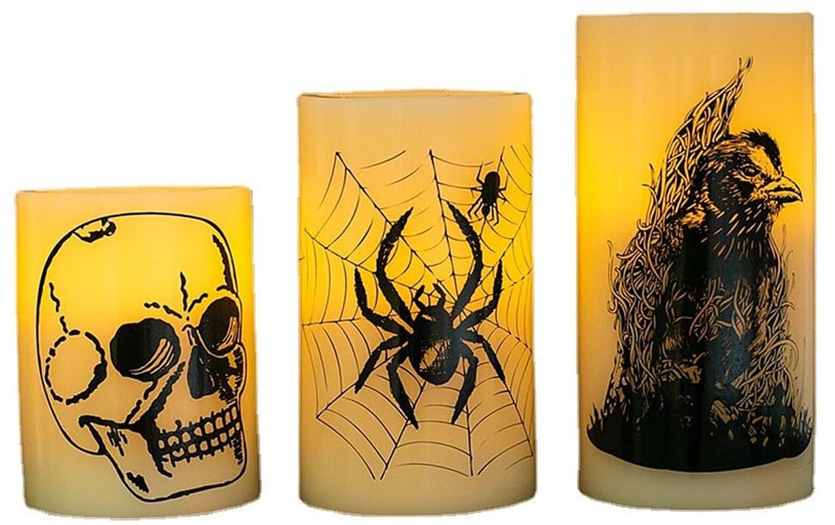 TRIXES 3 x Halloween LED Kaarsen - Schedel, Spin en Kraai - Batterijloos en Veilig