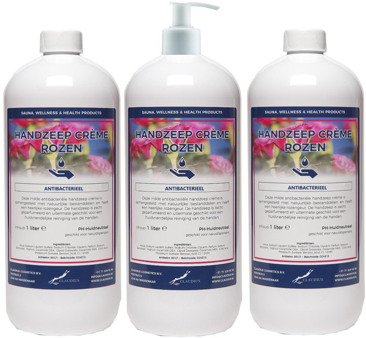 Handzeep Crème Rozen 1 liter - set van 3 stuks - met gratis pomp - Voordeelverpakking
