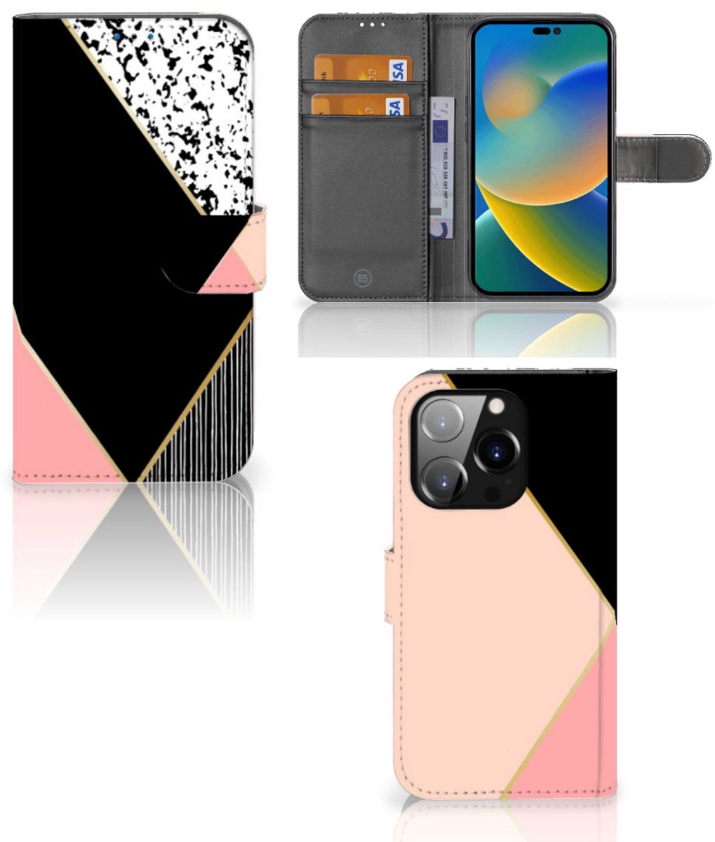 iPhone 14 Pro Book Case Zwart Roze Vormen