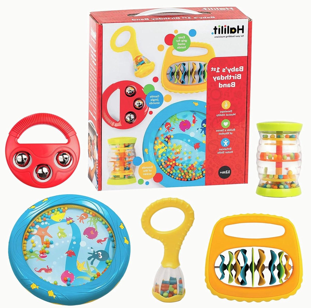 Halilit Baby's First Birthday Band Musical Instrument Gift Set. Includes Ocean Drum, Baby Maraca, Ring My Bell, Rainboshaker & Clip Clap. Music Sensory Baby Toy. Suitable for Boys & Girls 12 months +