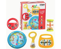 Halilit Baby's First Birthday Band Musical Instrument Gift Set. Includes Ocean Drum, Baby Maraca, Ring My Bell, Rainboshaker & Clip Clap. Music Sensory Baby Toy. Suitable for Boys & Girls 12 months +