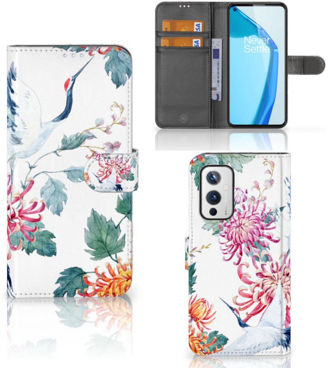 OnePlus 9 Telefoonhoesje met Pasjes Bird Flowers
