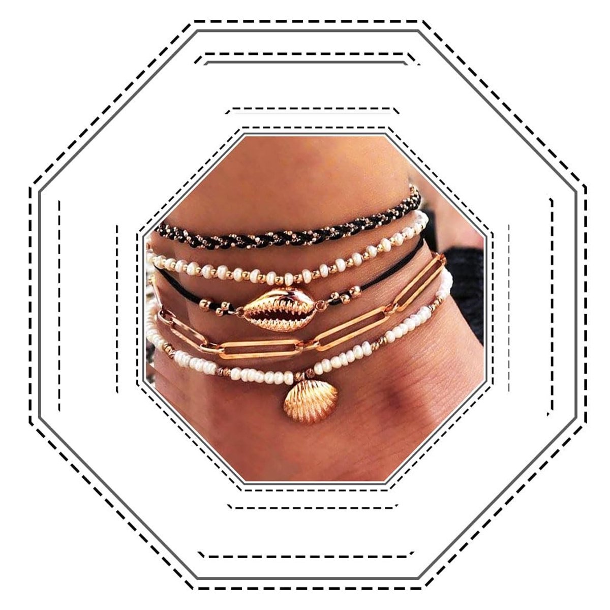 Jovono Boho Layered Beaded Anklets - 5-delige Zee Schelp Enkelbandjes voor Vrouwen en Meisjes