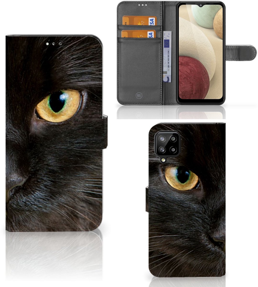 Book Case voor Samsung Galaxy A12 Telefoonhoesje met Pasjes Zwarte Kat