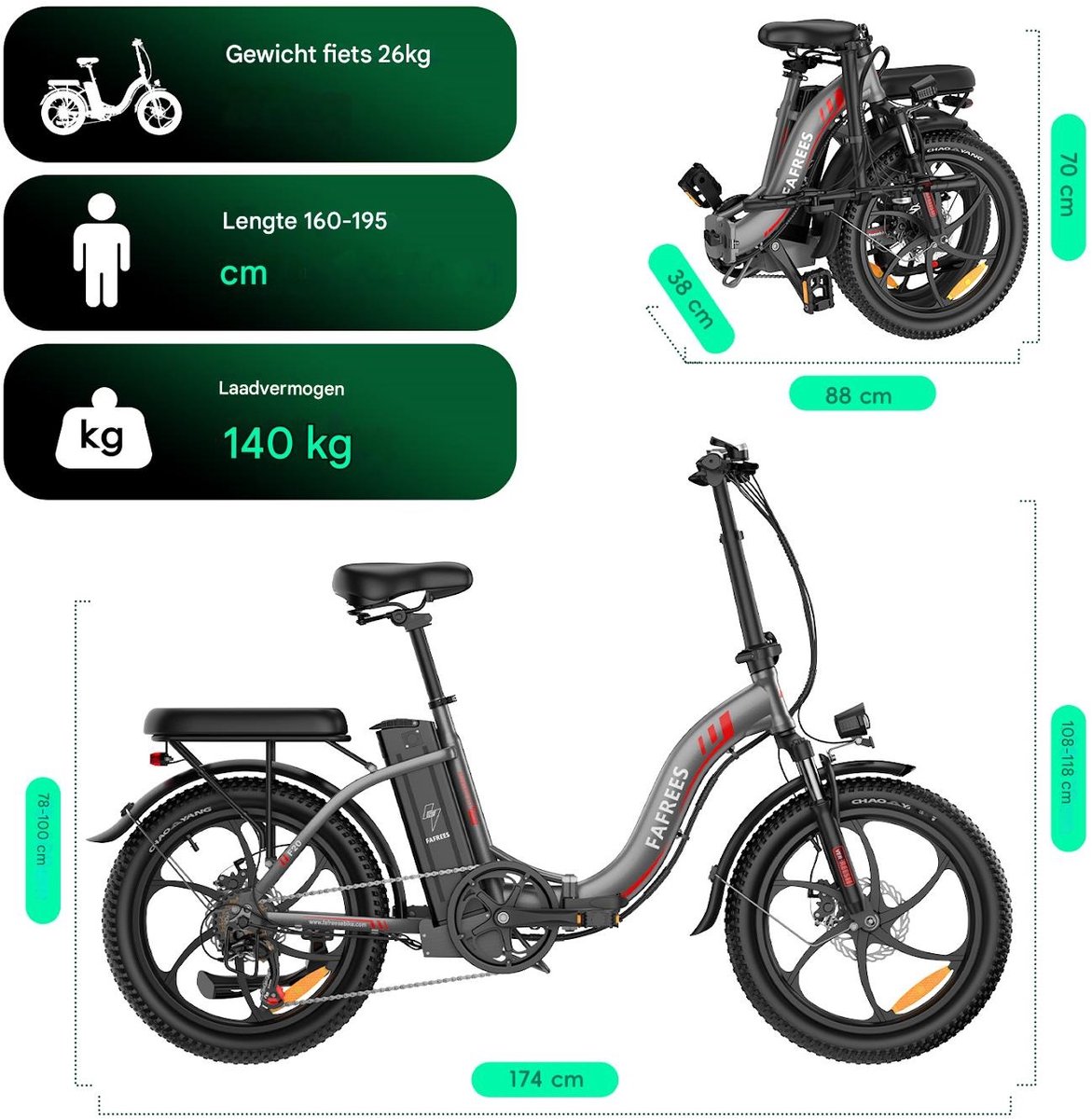 Fafrees F20 Elektrische Vouwfiets | E-Bike| 20 x 3.0 Inch Dikke Banden | 36V 18Ah Lithium Accu | 250 W Motor | Maximaal 25/u | Maximaal bereik 130km | Shimano 7 versnellingen | 20 Inch opvouwbare City Commuter E-Bike | Zwart – foto 4