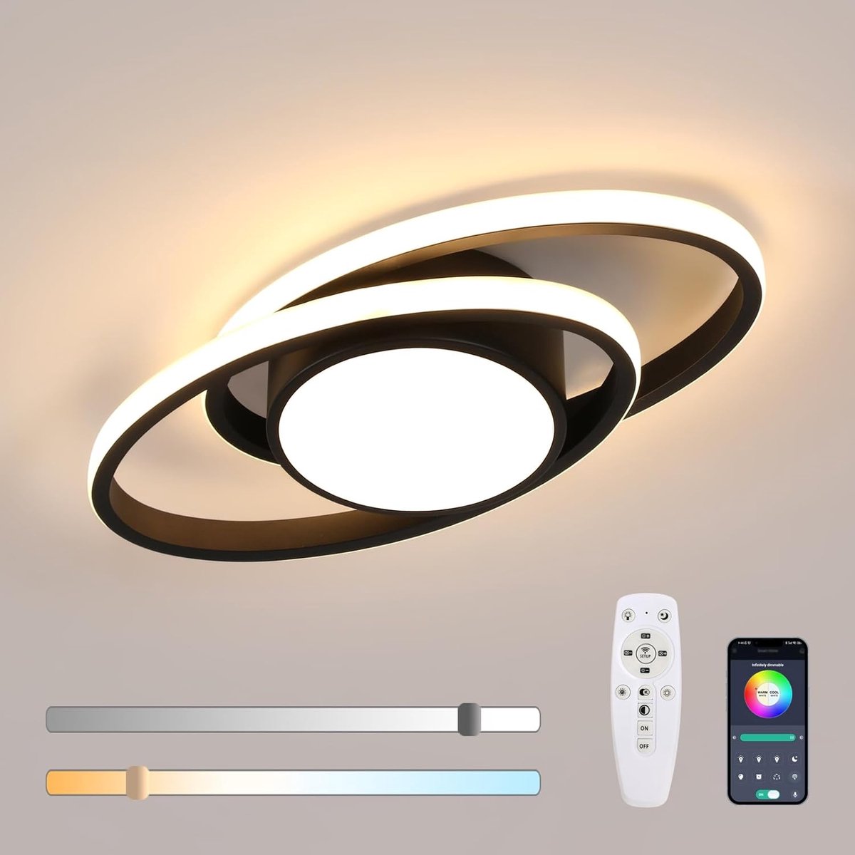 Haobosic - LED Aluminium Plafondlamp - Dubbel Ovaal Zwart - Dimbare + Afstandsbediening - 39W