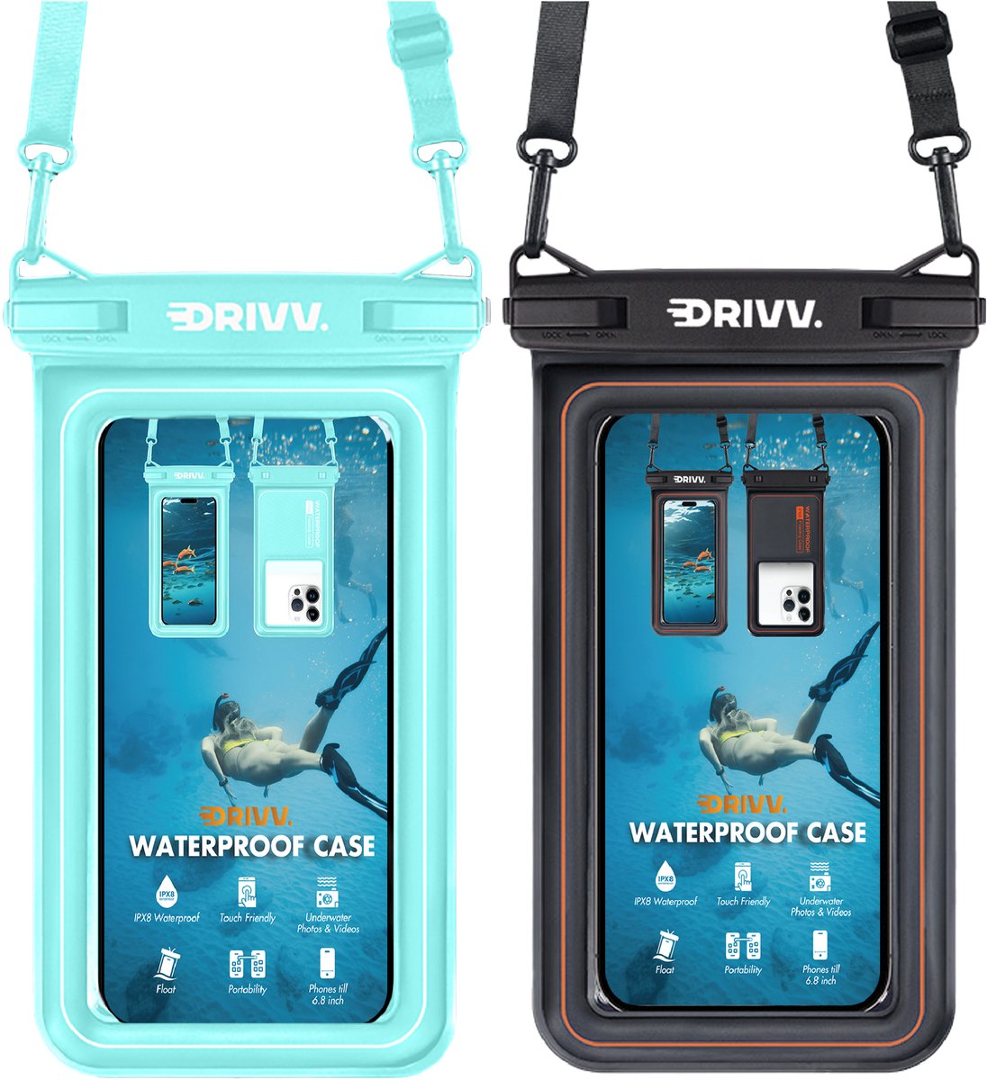 Drivv. Luxe Waterdicht Telefoonhoesje - Set van 2 – Drijvend - Dubbele Klipsluiting - Telefoons tot 6.8 inch – Onderwater Hoesje Telefoon - Zwart & Blauw