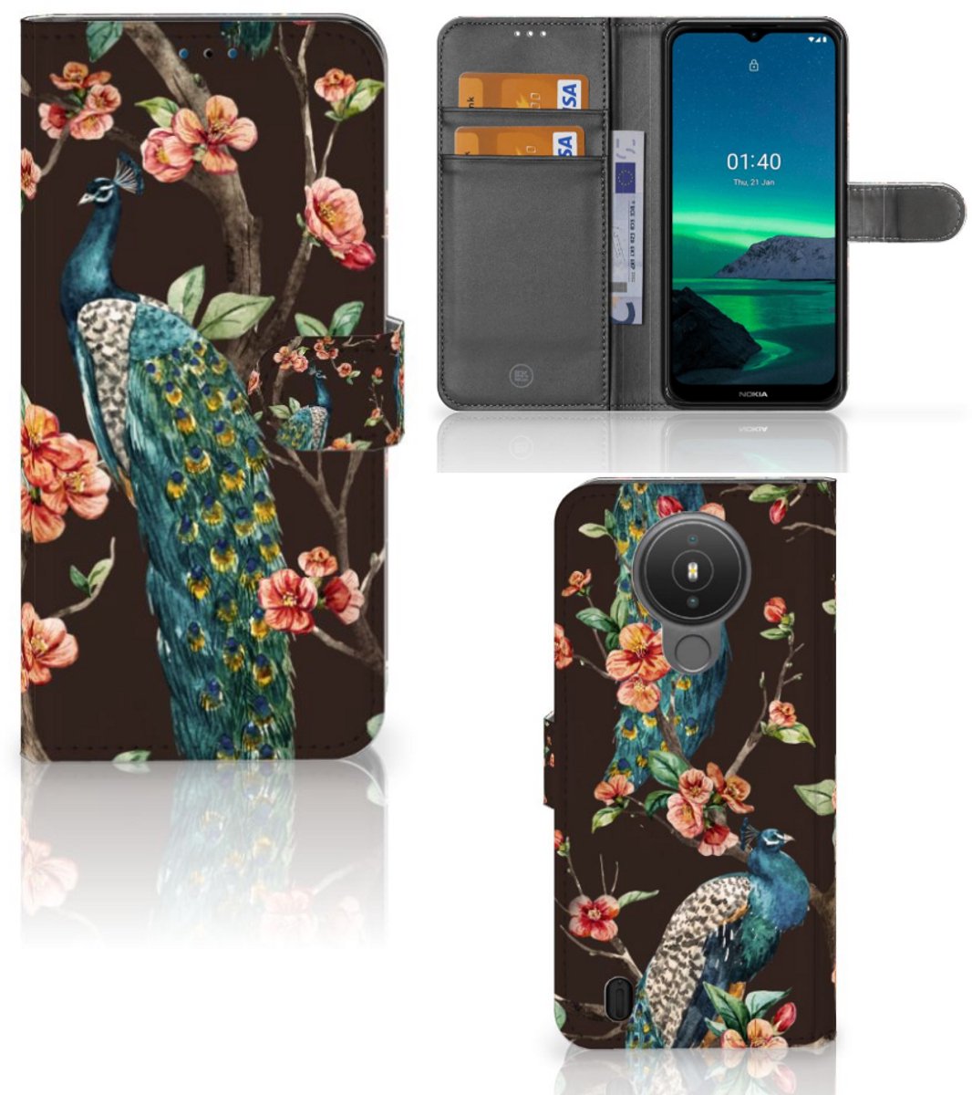 Nokia 1.4 Telefoonhoesje met Pasjes Pauw met Bloemen