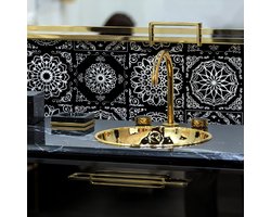 Alwayspon 12 stuks x 15 cm / 6 inch Mandala vinyl muur tegelsticker, waterdichte tegel stickers met plakkende achterkant voor keuken, badkamer. Zelfklevende pel-en-plak PVC tegel sticker, zwart zilver
