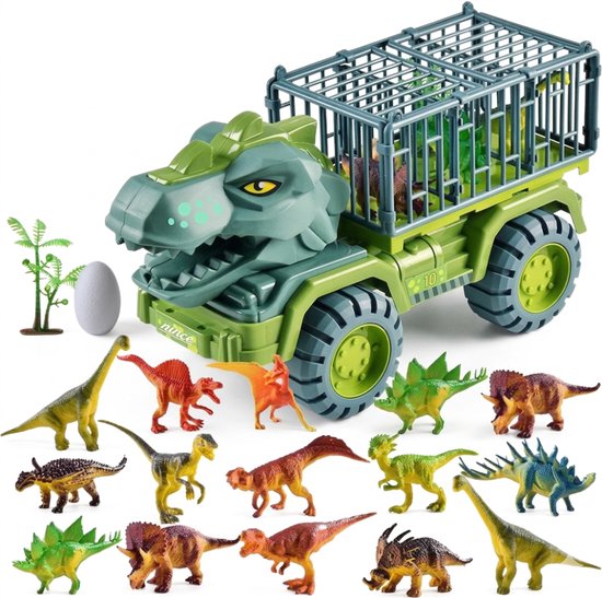 Groene dinosaurus truck met kooi, omringd door 16 dinosaurus speelgoedjes, een palmboom en een ei.