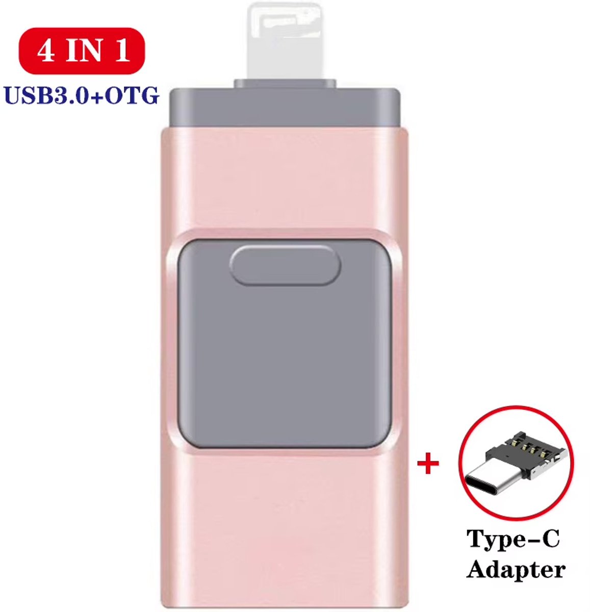 4-in-1 USB Flash Drive 256GB USB 3.0 Geheugenstick – Externe Opslag, geschikt voor iPhone, Android, Telefoon, Type-C & Windows (USB stick, geheugenkaart, opslag stick, OTG)- Roze