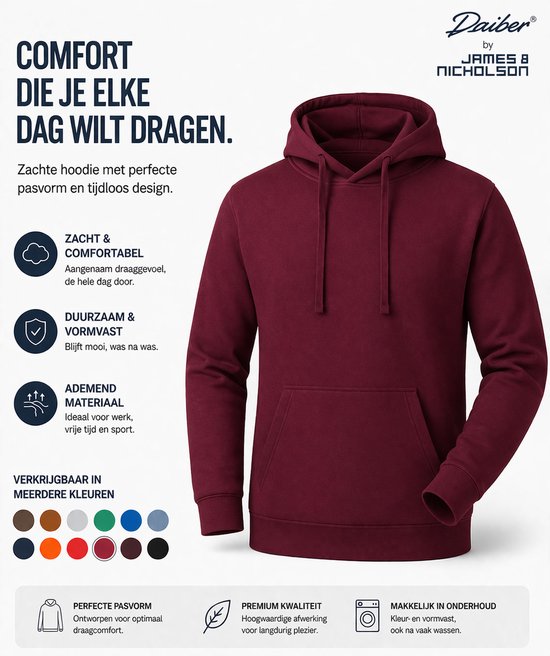 Sweat à capuche bordeaux James & Nicholson, avec texte sur le confort et la durabilité.