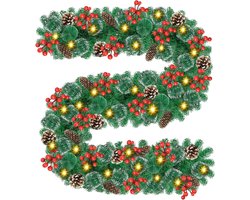Timiyou 9FT kerstslinger, kerstversiering, kunstmatige slinger, decoraties, kerst met rood fruit, dennenappels, buiten binnen kerstdecoraties voor trappen, open haard, voordeur