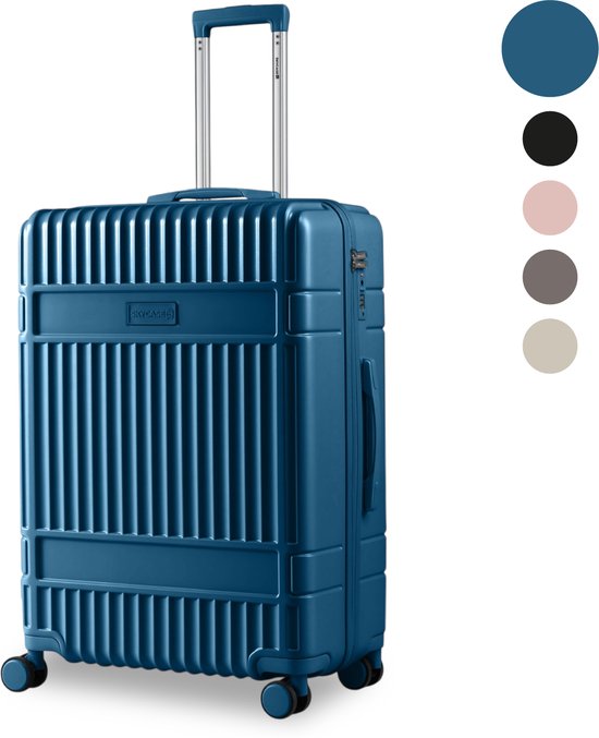 Donkerblauwe koffer met geribbelde textuur en wielen, naast kleurstalen in blauw, zwart, roze, grijs en beige.