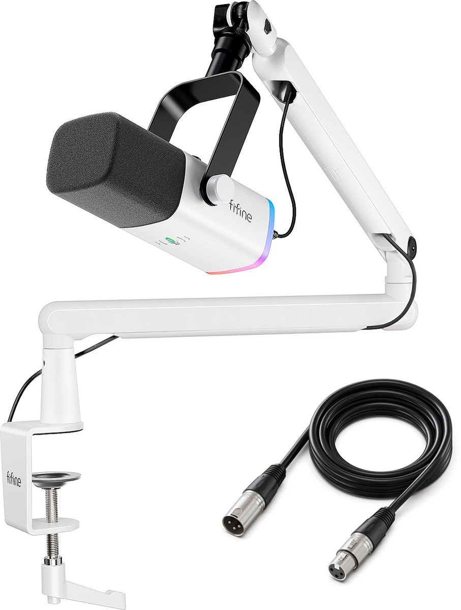FIFINE TAM8 XLR - USB / XLR Studio microfoon - Flexibele Arm ( BM88 ) - Met kabelgoot - Geschikt voor PC/PS4/PS5 - RGB - Podcast - Gaming - Streaming - Wit
