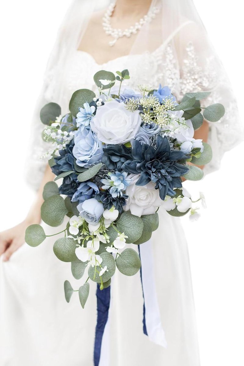 Bruidsboeket - Bruidsbloemen Decoratie - Bruiloft Aankleden - Kunstmatig Cascading Ontwerp - 17 inch Hoog - Stofblauw