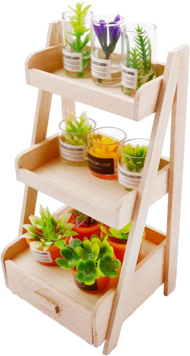 Miniatuur Boekenplank Planten - Poppenhuis Meubels - Miniatuur Decoratie - Hout en Kunststof - Schaal 1:12 - Meerkleurig