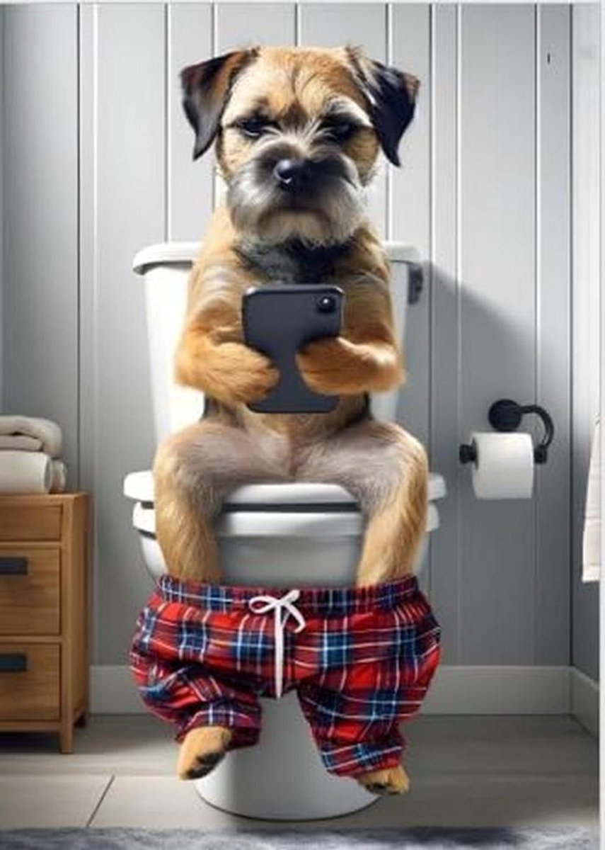 Hondenposter Zittend op Toilet - Grappige Hondenprint Badkamer - Badkamer Decoratie - Hoge Kwaliteit Mat Papier
