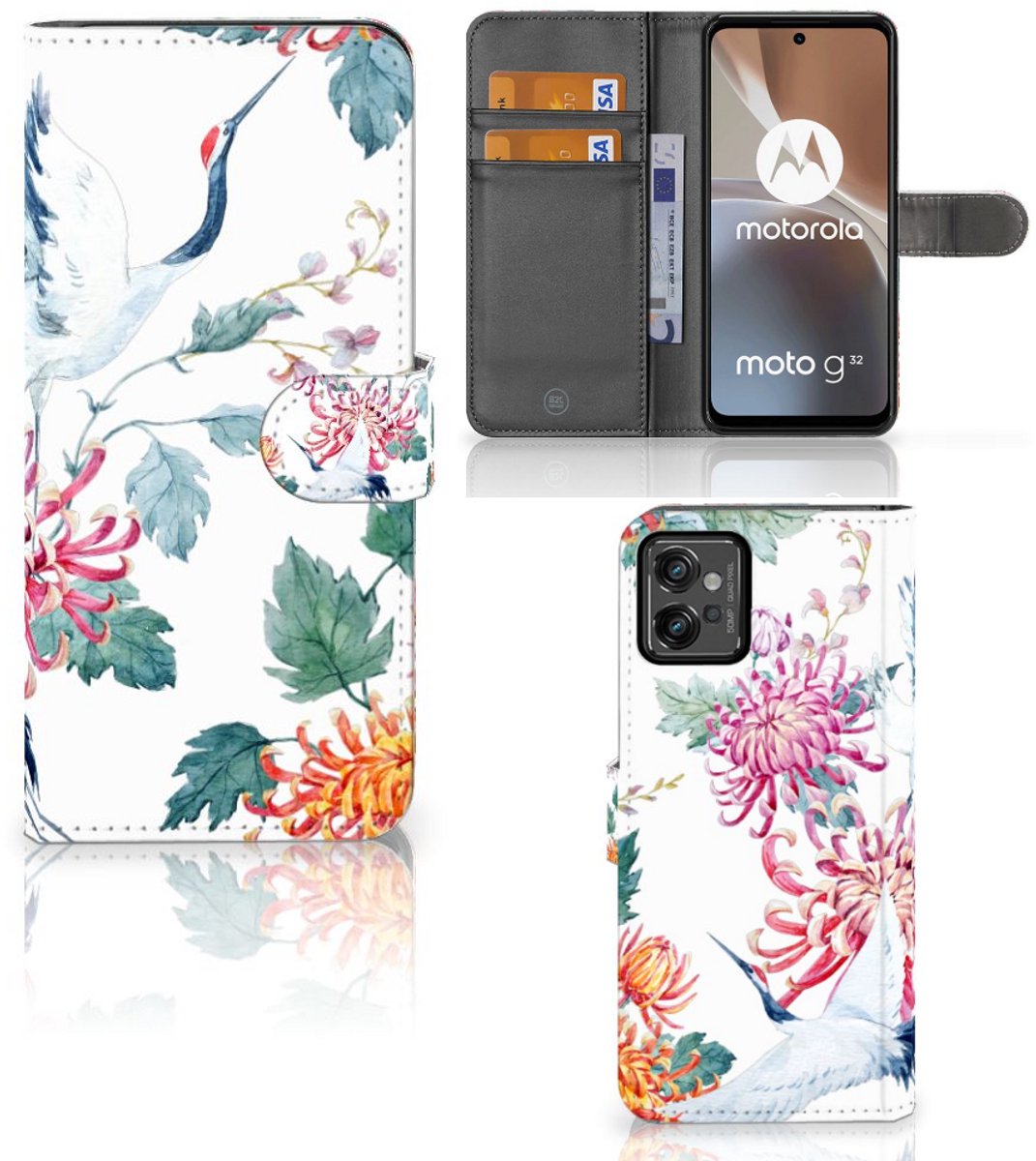 Motorola Moto G32 Telefoonhoesje met Pasjes Bird Flowers