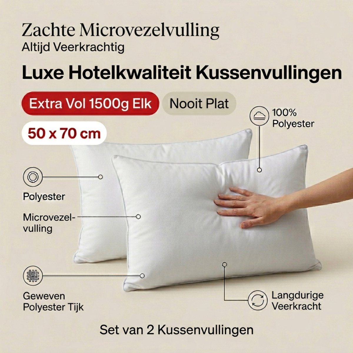 Set van 2 | BINNENKUSSEN - 50x70 cm | 1500 gram/stuk | Kussenvulling | 100% Polyester | Vulling - Microvezel