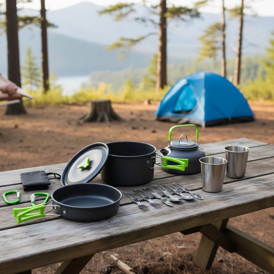 Campingpannenset, kampeerset, pan, waterkoker, bestek in een hoes 17in1 — afbeelding 3