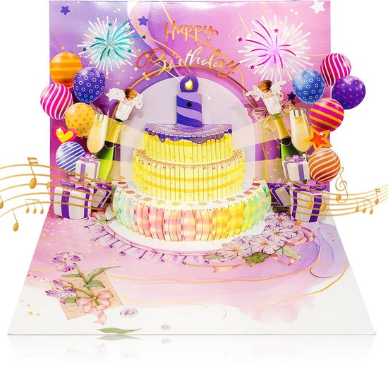 YYchan Popupkaarten - 3D Verjaardagskaart met Muziek en LED Licht - Interactieve Blaasbare Kaars - Zingende Pop-up Kaart Taart Ballonnen Vuurwerk - Happy Birthday Verrassing voor Kinderen en Volwassenen