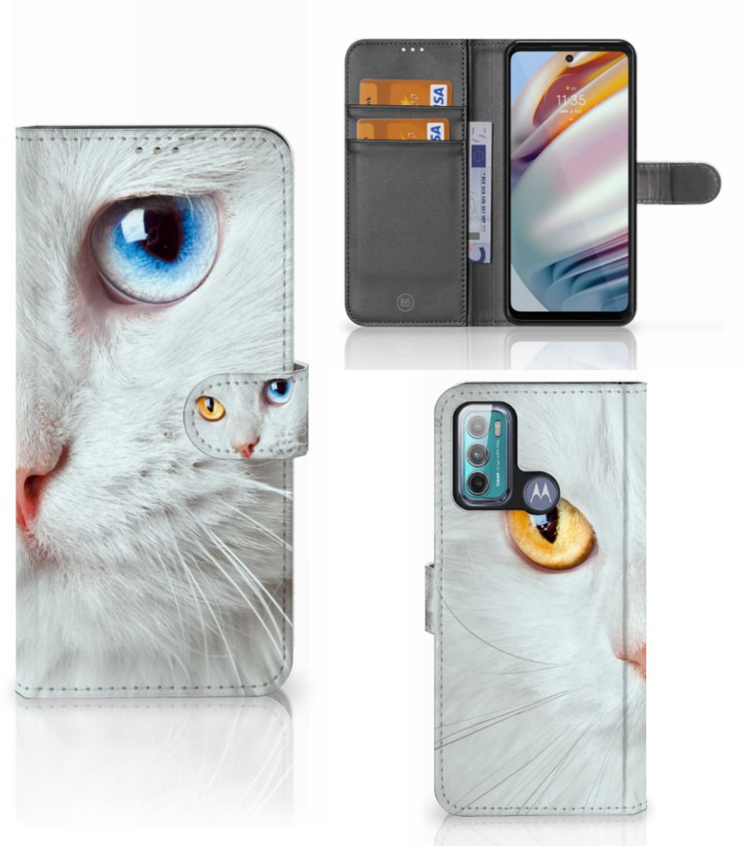 Motorola Moto G60 Telefoonhoesje met Pasjes Witte Kat
