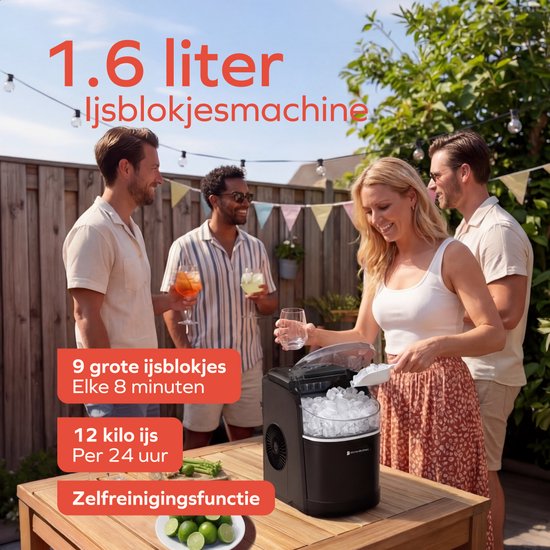 KitchenBrothers IJsblokjesmachine - 1.6L - IJsblokjesmaker met IJsschep - 12kg/24 uur - Zelfreinigingsfunctie - Zwart van KitchenBrothers — afbeelding 2