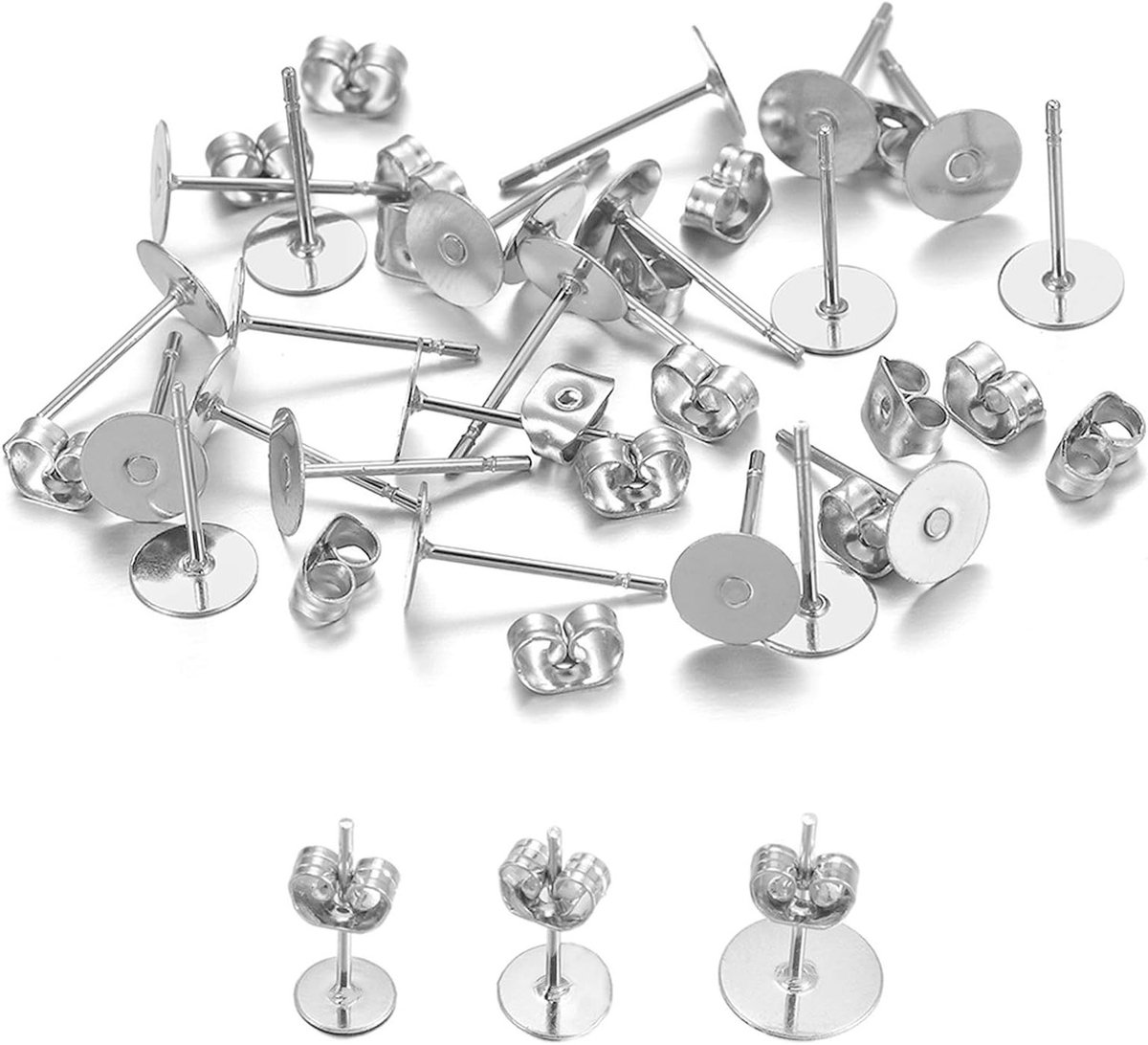 300 Stuks RVS Stud Oorbellen in Wit met Vlinder Sluiting voor Sieraden Creaties (5 mm, 6 mm, 8 mm)