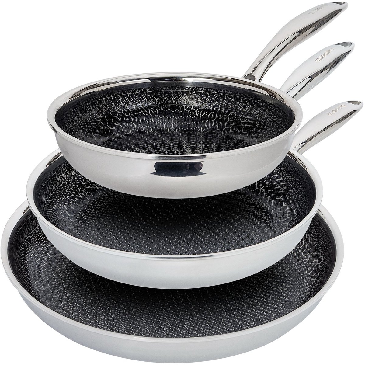 Glissimo Cookware – 3-delige RVS keramische pannenset Ø 20/26/30 cm – Koekenpannenset – Pannenset Inductie –Pannen – PFAS & PFOA-vrij – Geschikt voor alle warmtebronnen gas, elektrisch, keramisch, inductie – Premium non-stick – Vaatwasserbestendig