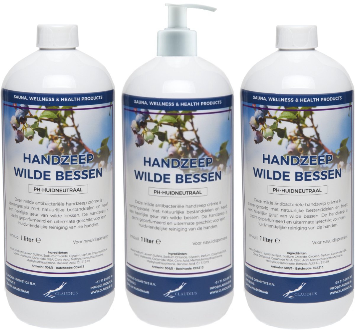 Handzeep Wilde Bessen 1 liter - set van 3 stuks - met gratis pomp - Voordeelverpakking