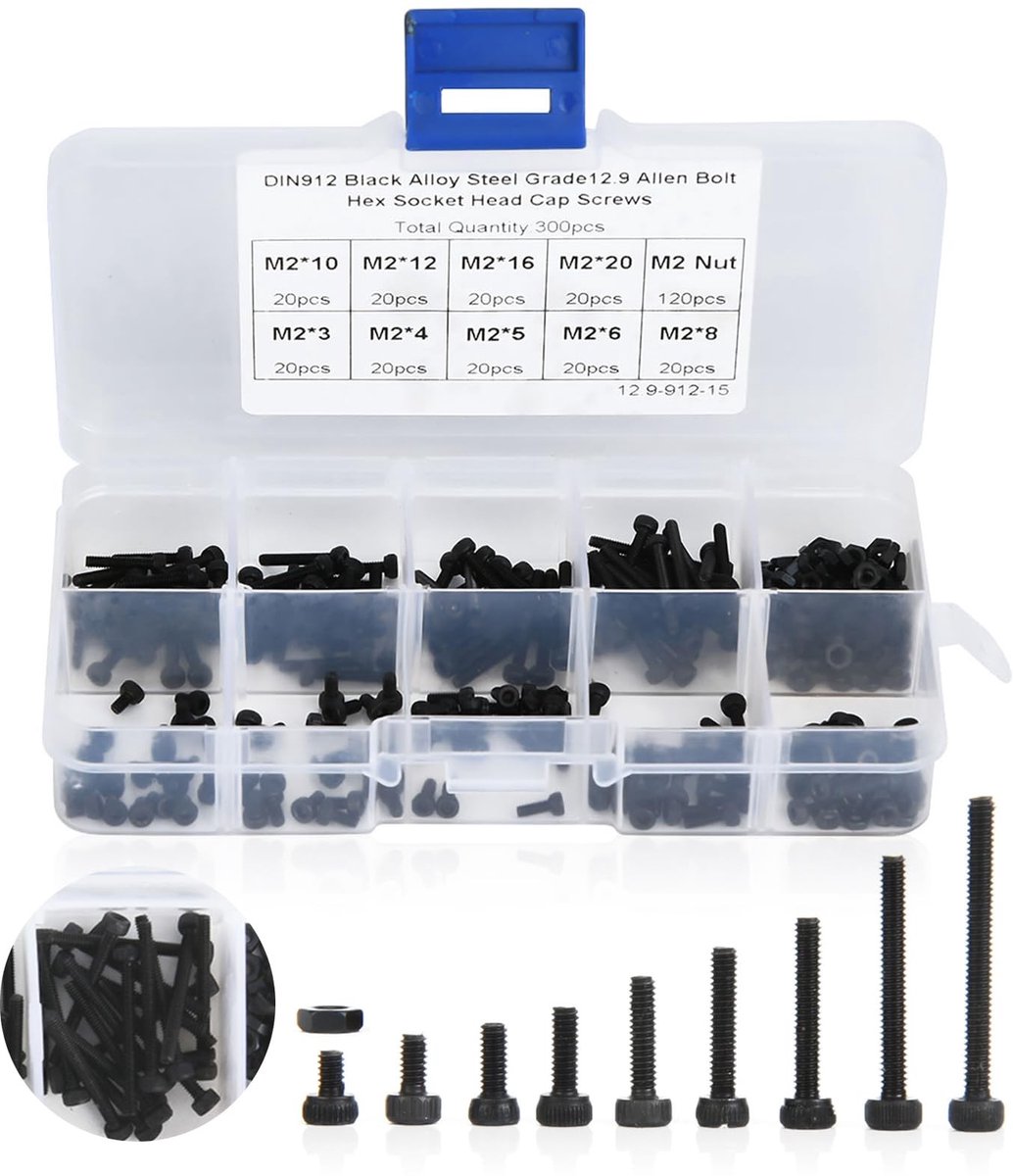 Cosensi - M2 Schroefset - M2 Bouten en Moeren - Corrosiebestendig - Zwart - Assortiment voor Auto- en Machineonderhoud - 300 Stuks - Inclusief Opbe...
