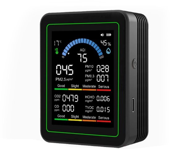 10-in-1-deeltjesmeter – geschikt voor binnenshuis – multifunctionele alles-in-één-meter – oplaadbaar via USB – CO₂-meter, luchtkwaliteitsmeter, vochtigheidsmeter, temperatuurmeter, koolstofmeter
