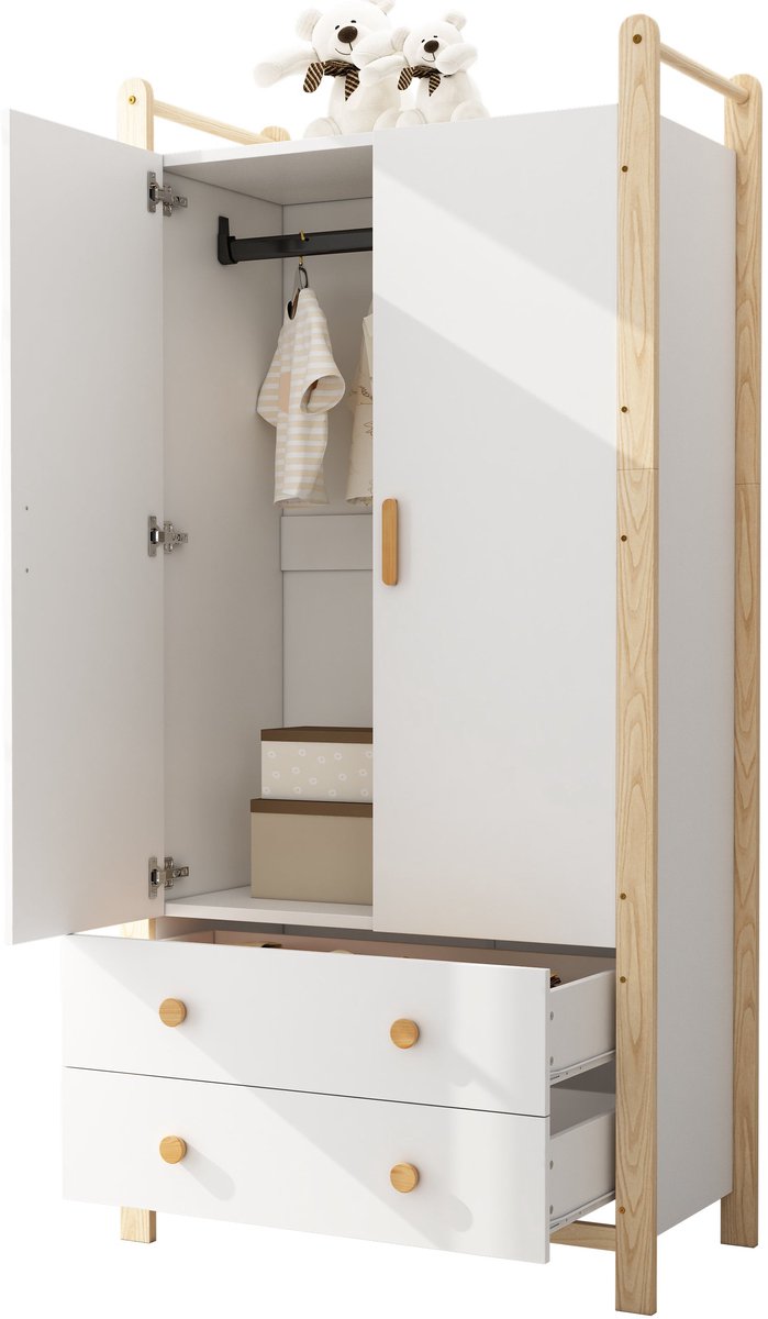 Merax Kledingkast 2 Deurs – Witte Garderobekast met 2 Lades en Hangroede – Houten Frame van Grenen – Kast voor Slaapkamer - Kinderkamer en Hal – 90x45x180 cm