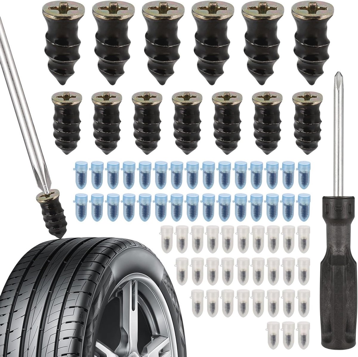 60 Stuks Vacuum Bandenreparatie Spijkers met Schroevendraaier, Tubeless Bandenreparatieset voor Auto en Motorfiets, Inclusief Rubber Spijkers en Accessoires