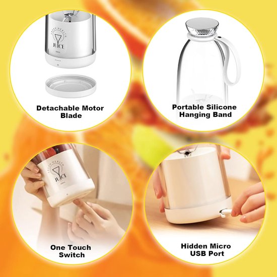 Sander Shop Draagbare Smoothiemaker To Go 500 ml - Oplaadbare Mixer met 6 Messen Roestvrij Staal, Fresh Juice Fles voor Babyvoeding, Sportschool, Reizen (Wit) van Merkloos — afbeelding 4
