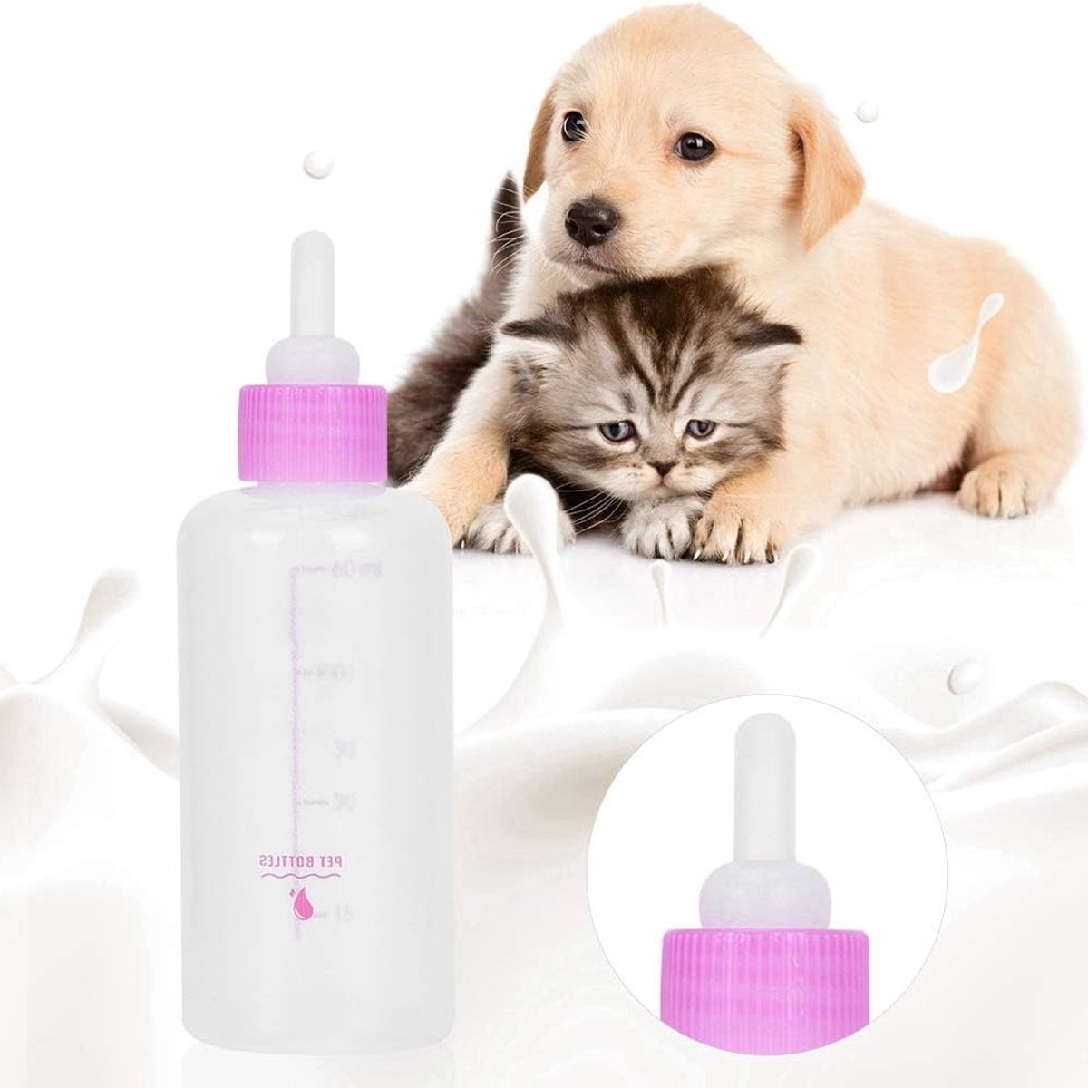 6 Stuks Flesje voor Katten en Honden met Spuit en Fopspeen - 60ml Vervangbare Teat voor Liquid Voeding