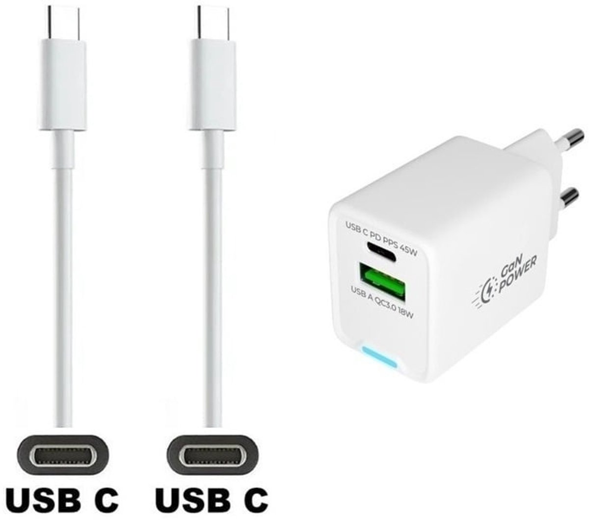 OneOne 45W super snellader met 2 poorten en screenprotector van glas voor iPhone 16 Pro Max + 3,0m sterke USB C naar C kabel. Witte PD PPS lader. GaN oplader adapter. Screenprotector past op Apple iPhone 16 Pro Max
